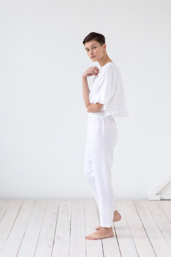 Tapered white cheap linen trousers
