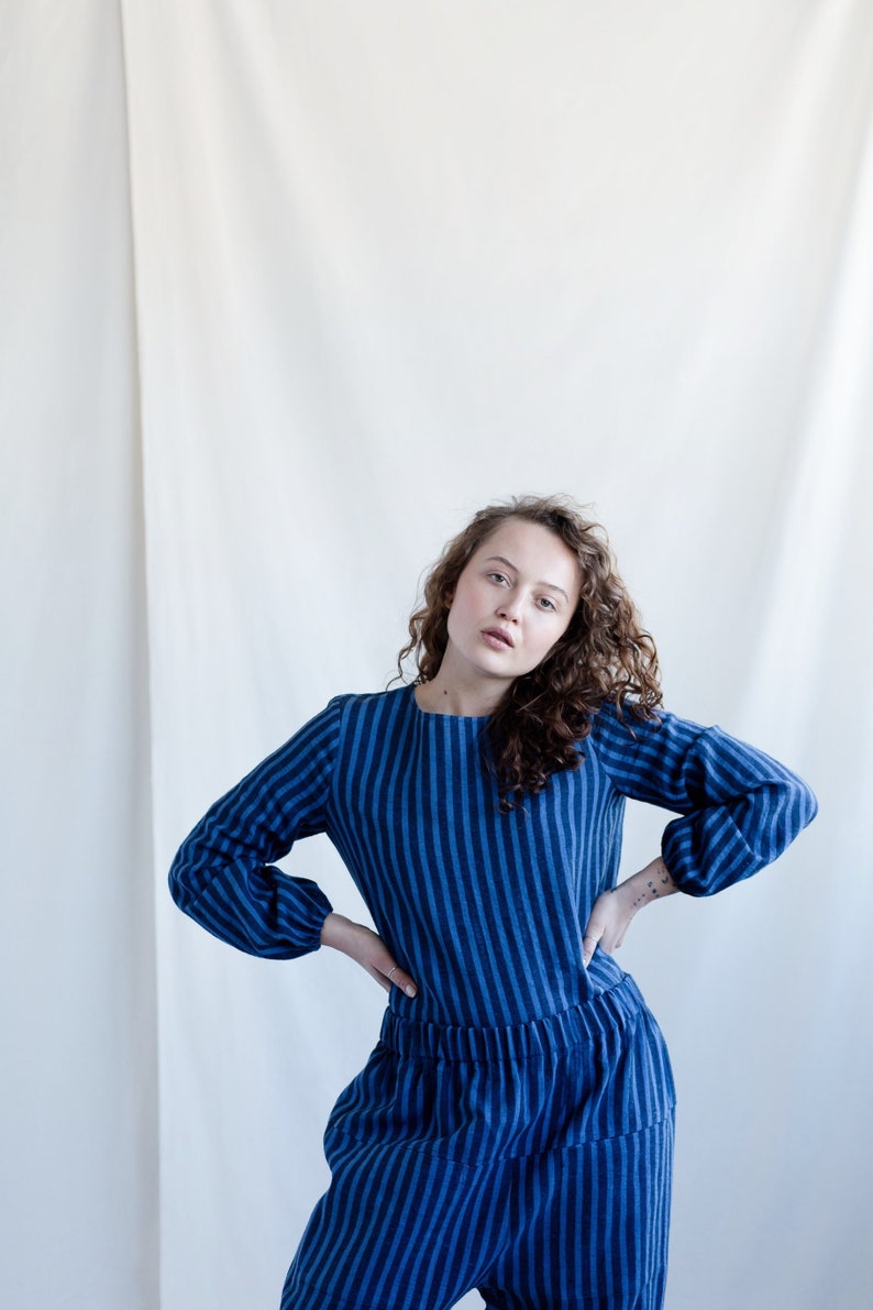 Striped linen long sleeve top, Loose woman linen blouse, Casual woman top,  / MITS