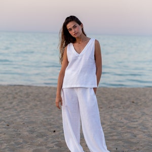 White Linen Sleeveless Top, Palazzo Pants Elegant Suit handmade by ManInTheStudio