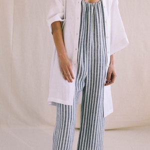 Strap linen jumpsuit in stripes / Loose linen wide leg romper / Soft linen lounge wear jumpsuit image 4