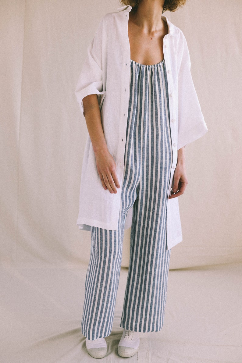 Strap linen jumpsuit in stripes / Loose linen wide leg romper / Soft linen lounge wear jumpsuit image 4