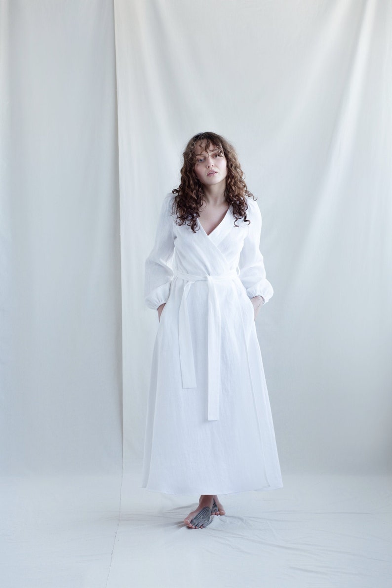 White linen long sleeve maxi wrap dress / Handmade by MITS