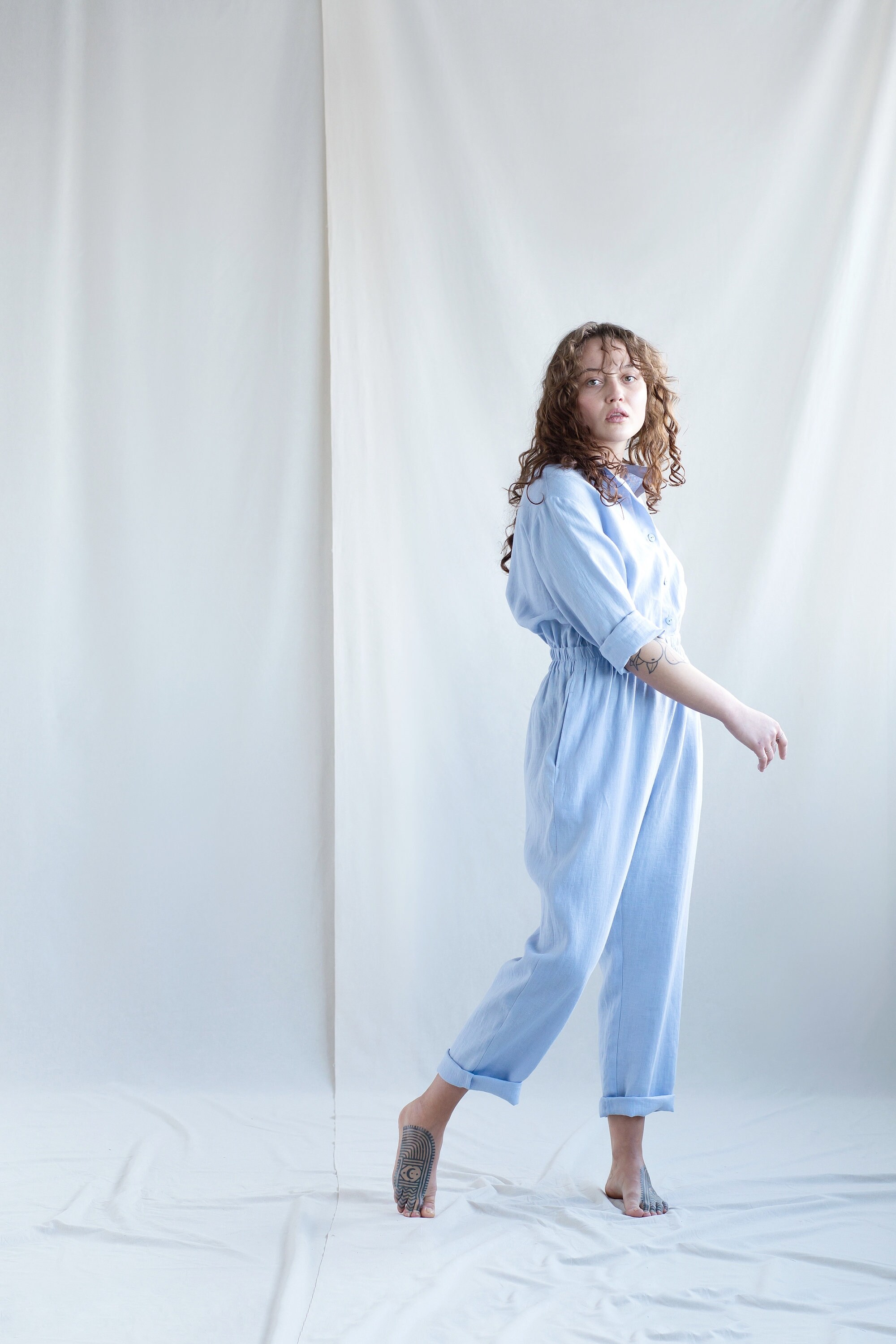 Sky Blue Linen Jumpsuit – Long Sleeve Coverall Handmade by