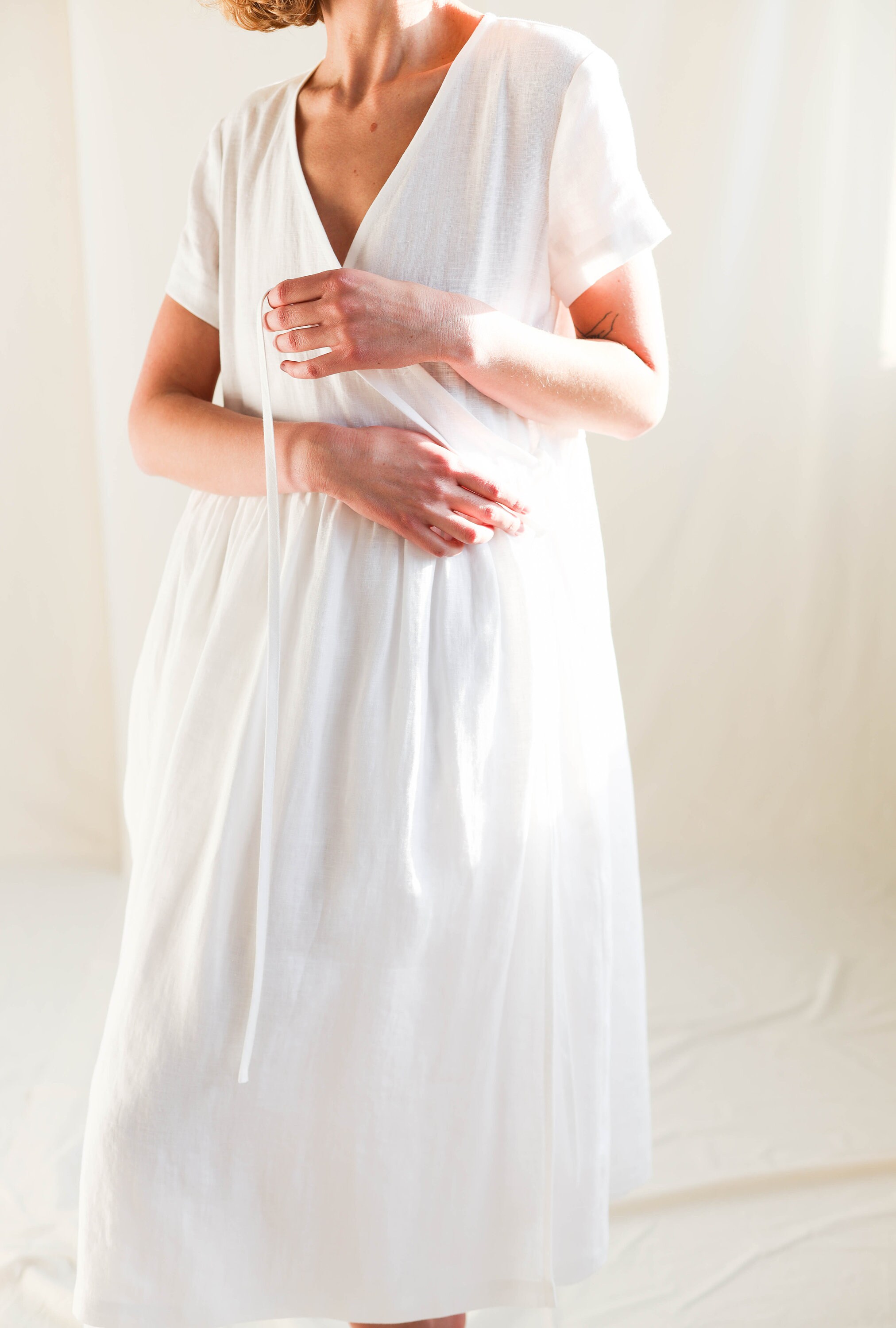 White Linen Wrap Dress / Midi Linen Vneck Dress / Handmade by Etsy