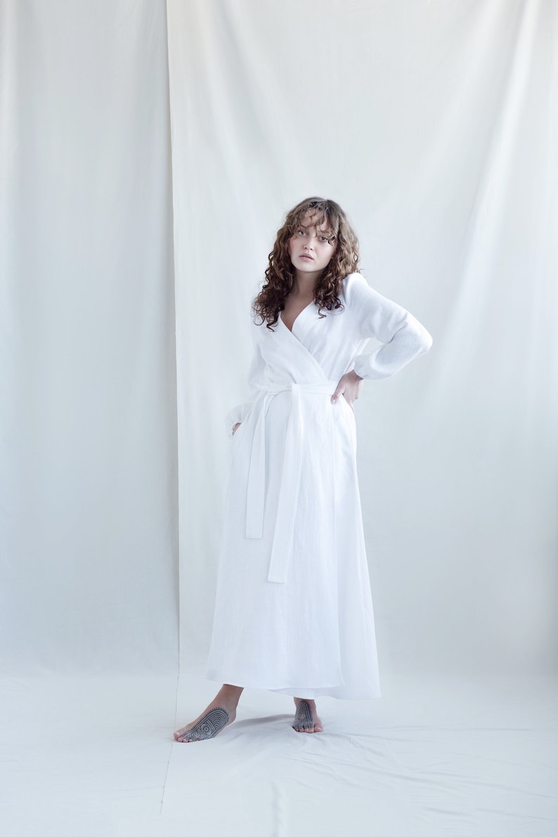 White linen long sleeve maxi wrap dress / Handmade by MITS image 2