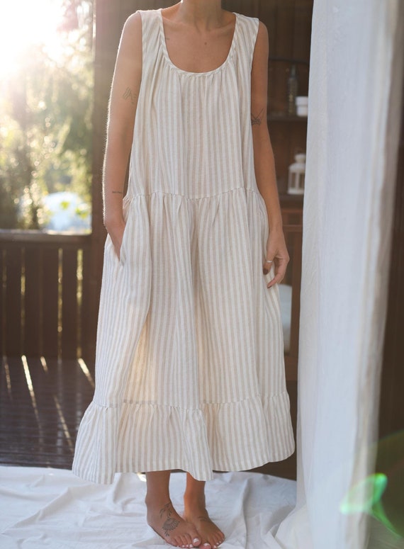 pinstripe linen sleeveless dress Duffield Lane Iris Dress Navy Linen Stripe M / Navy Linen Stripe