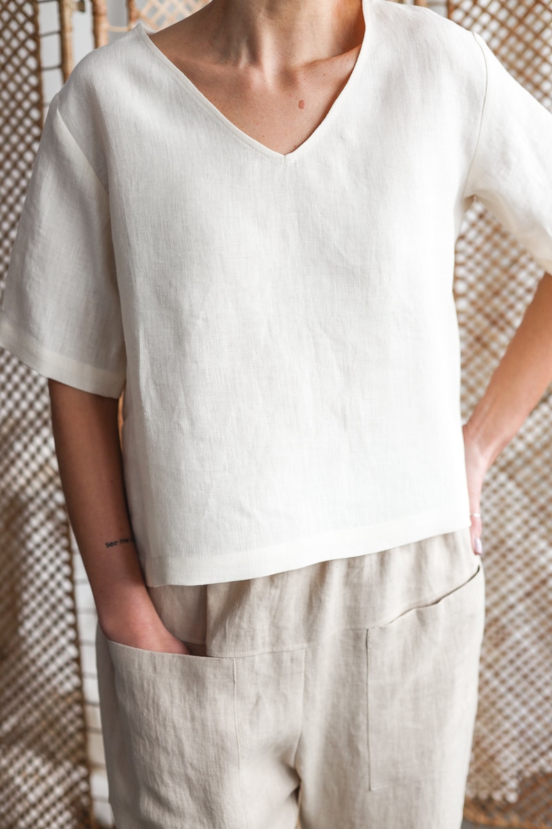 Linen oversized V-neck top / Handmade by MITS image 2