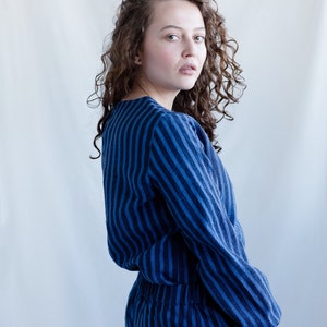 Loose Linen Long Sleeve Top: Blue Striped Blouse