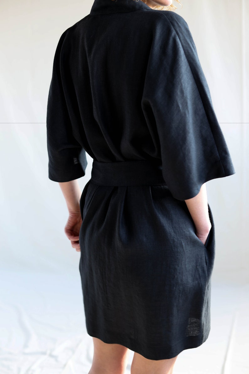 Linen robe / Black linen bathrobe with pockets / Handmade by Etsy