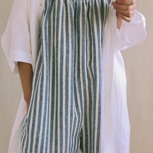 Strap linen jumpsuit in stripes / Loose linen wide leg romper / Soft linen lounge wear jumpsuit image 3