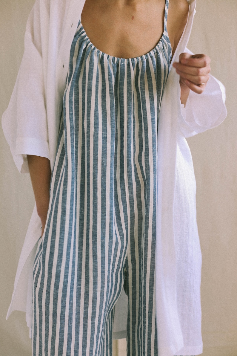 Strap linen jumpsuit in stripes / Loose linen wide leg romper / Soft linen lounge wear jumpsuit image 3