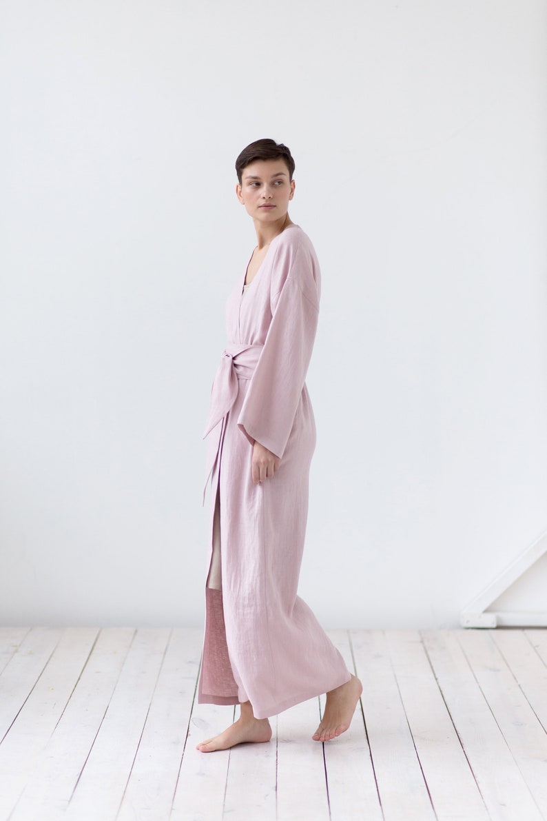 Natural linen bathrobe with pockets / Soft linen robe / Long morning linen gown image 2