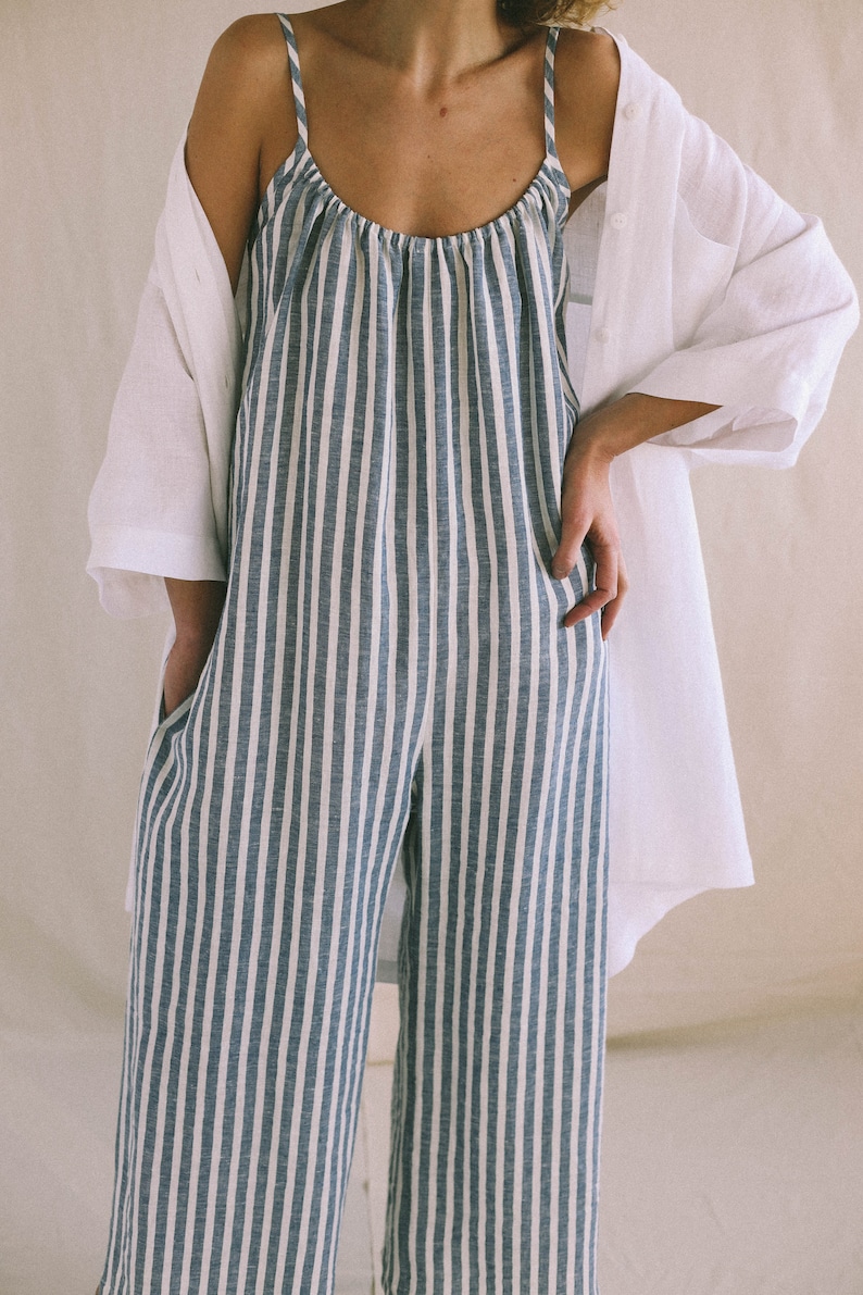 Strap linen jumpsuit in stripes / Loose linen wide leg romper / Soft linen lounge wear jumpsuit