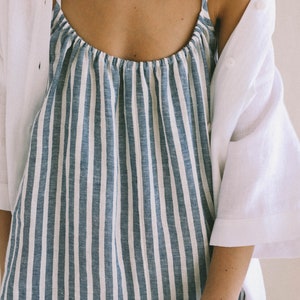 Strap linen jumpsuit in stripes / Loose linen wide leg romper / Soft linen lounge wear jumpsuit image 9