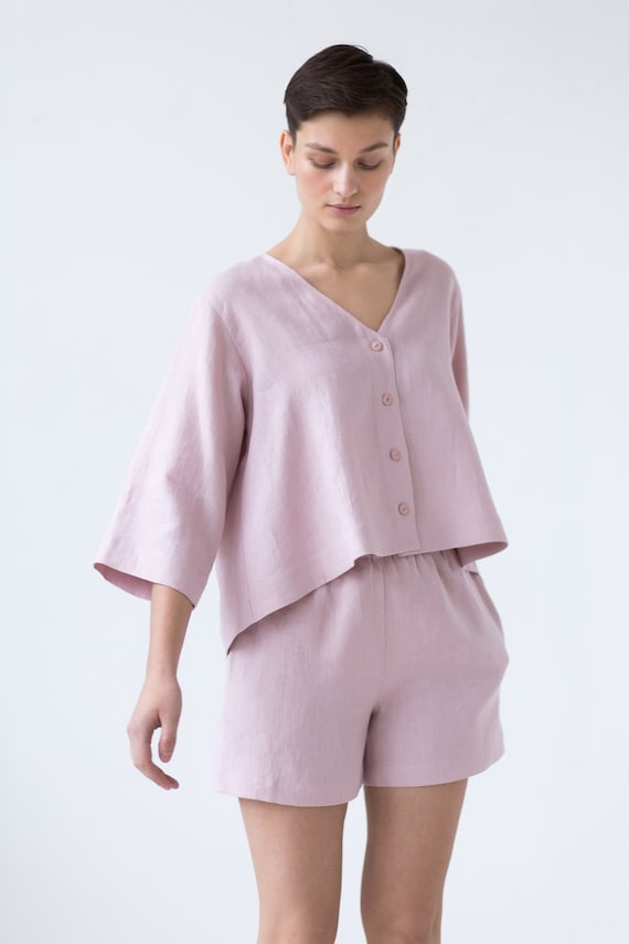 Loose Linen Top and Relaxed Fit Shorts Set. Women's Two Piece
