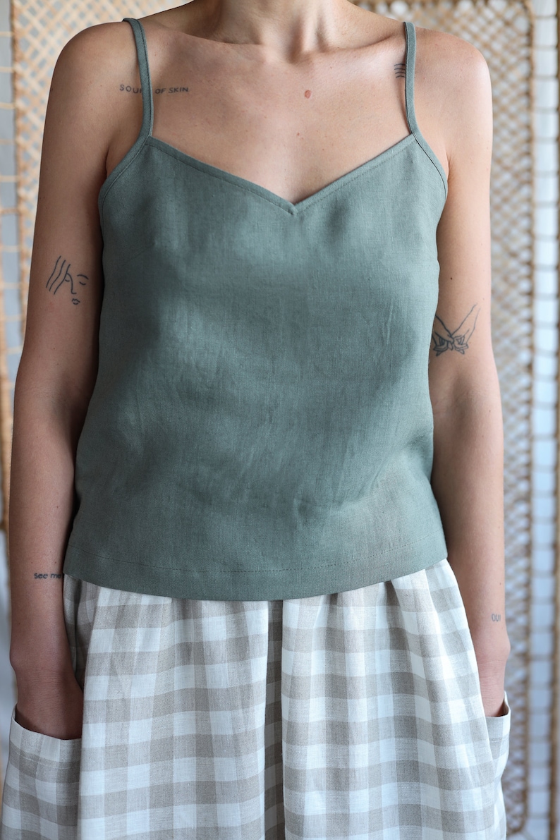 Sleeveless hunter green linen slip top / MITS image 2