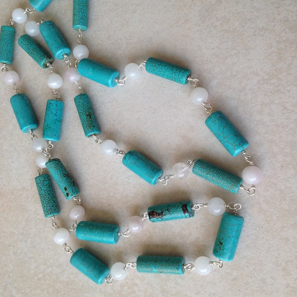 Sautoir fil Argent 925  perles tube Howlite Teintée turquoise Perles ronde quartz rose