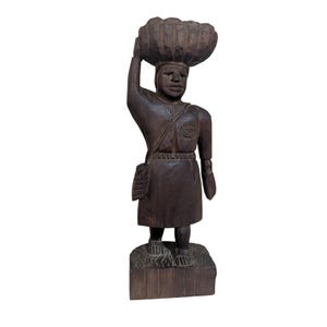 Hand-Carved Wooden Tribal Figure Basket Bearer Folk Art Statue 15&quot; Rustic Decor