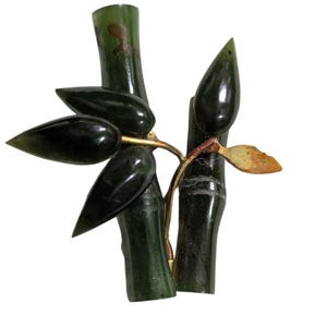 Vintage  bamboo Carved Nephrite Jade branch & leaves gold tone brooch/pin