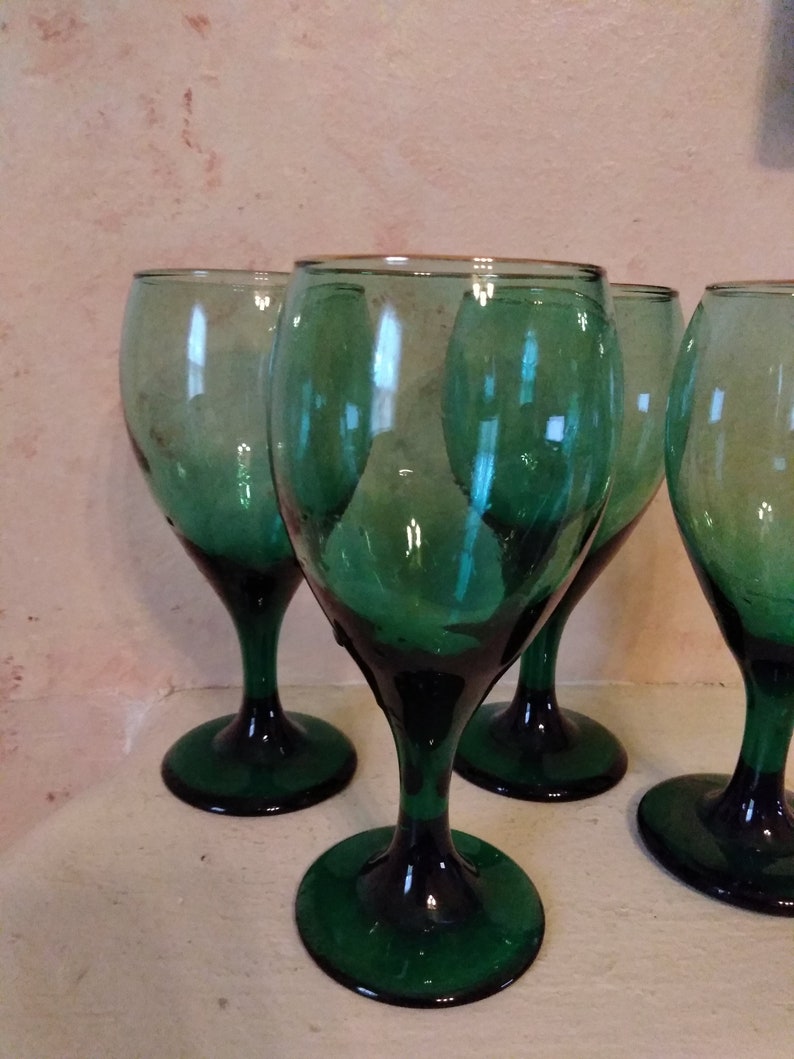 LIBBEY Wine Glasses Green / Gold Trim 7 Blown Glass Etsy