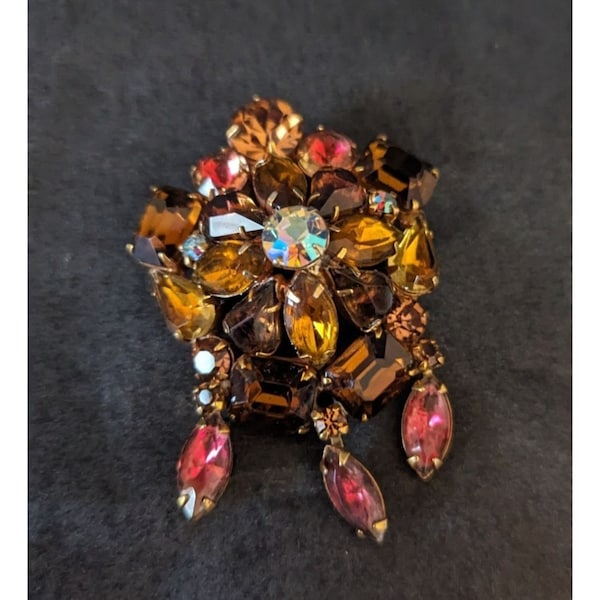 Vintage Brooch KRAMER 1960s Amber & Aurora Borealis Crystal Goldtone Jewellery