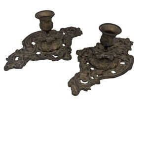 Vintage  Ornate Art Nouveau  candle holders brass 10&quot; x 6  set of 2