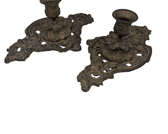Vintage  Ornate Art Nouveau  candle holders brass 10" x 6  set of 2