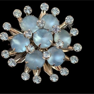 Vintage Rhinestone & Blue Glass Brooch Estate statement  flower pinwheel