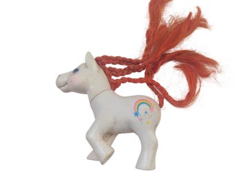 Vintage White Pony Figure Orange Braided Hair Rainbow Stars 3 Inch Toy