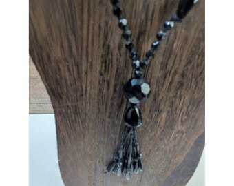 Vintage Style Black Beaded Tassel Necklace Long Faceted Flapper Bead Jewelry