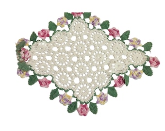 Vintage Hand Crocheted Lace Doily Pink Roses Raised/3D With White Center19" x 14"