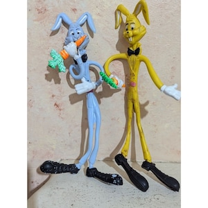 Bendable Cartoon Rabbit Figurines - Vintage 1990s Toy Pair with carrots Yellow blue  11&quot;