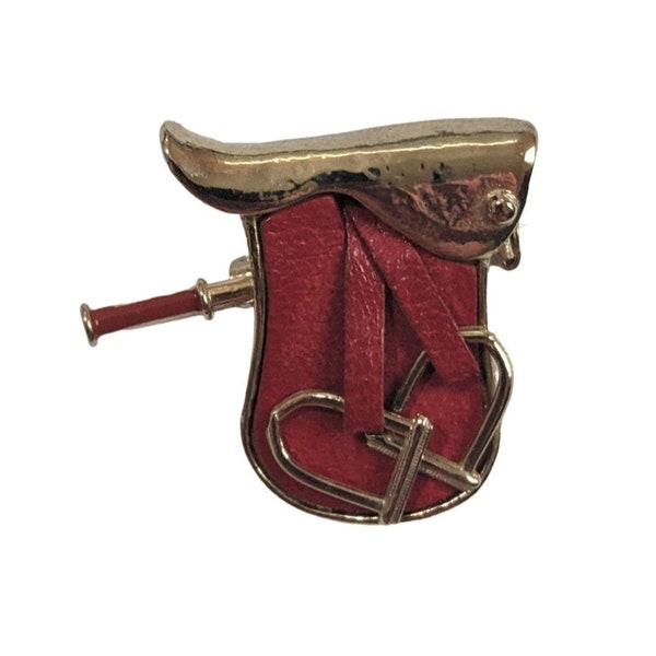 English saddle brooch red gold tone Horse western rodeo ranch stirrups HTF
