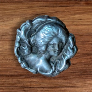 Antique Art Nouveau Sterling Silver Woman Face Brooch Pin