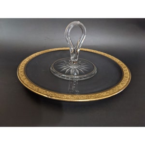 Vintage serving tray clear  glass gold trim handle   tidbit candy entertaining   10.5 IN