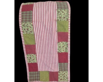 Handmade Christmas Patchwork Table Runner Quilted Holly/ 35 x 12"  Cotton Red