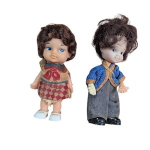 2 Vintage dolls 4.5&quot; brown hair blue painted eyes  rooted hair  as is