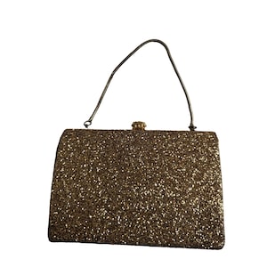 Vintage Clutch Purse  Gold Glitter, Hard Case w/Chain  evening formal 7x5x2.5 in