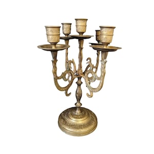 Vintage MCM Heavy Solid Brass 4-Arm 5 Candle Candelabra Retro Decor Mid Century