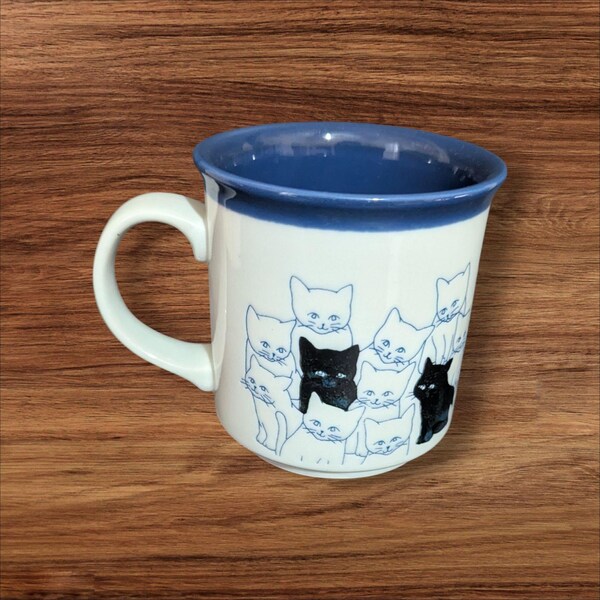 Vintage Otagiri Black  White Cats Coffee Mug Japan 1970s Blue Glaze Pottery