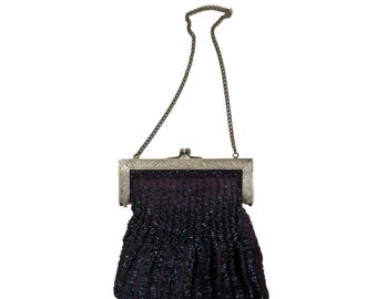 Antique 1920s Art Deco Beaded Purse Gold-Tone Frame Nouveau French Evening Clutch Bag