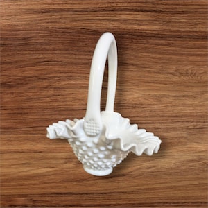 Vintage Fenton Hobnail Milk Glass Basket with Ruffled Edge