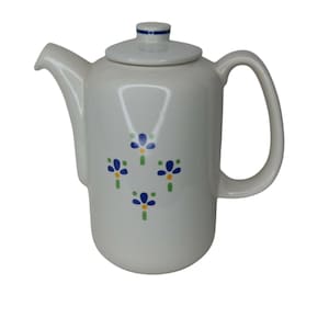 Avon Fresh Flowers Coffee Pot & Lid Ceramic White Blue Floral 7 inch Vintage