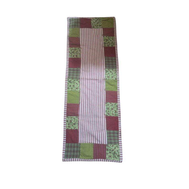 Handmade Christmas Patchwork Table Runner Quilted Holly/ 35 x 12" Cotton Red image 4