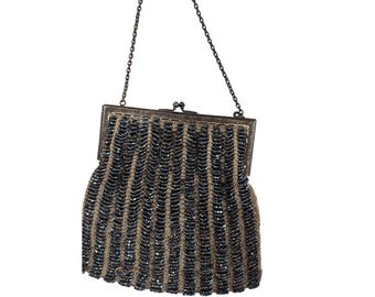 Vintage Beaded Evening Purse With Chain Handle Antique Flapper Style 6" X 6"