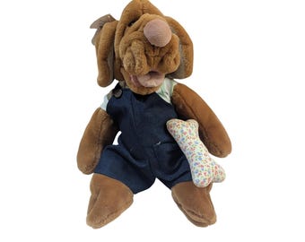 Vintage Wrinkles Dog Plush Hand Puppet Ganz Bros Denim Overalls 1980s 17 inch