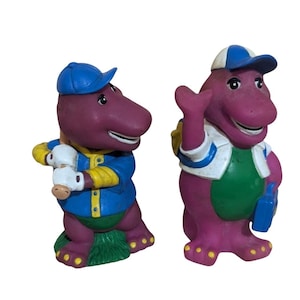 vintage Barney Dinosaur Coin Bank Pair With Baseball & School Outfit purple