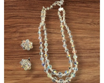 Vintage Aurora Borealis Crystal Necklace Clip-On Earring Set Double Strand Beads