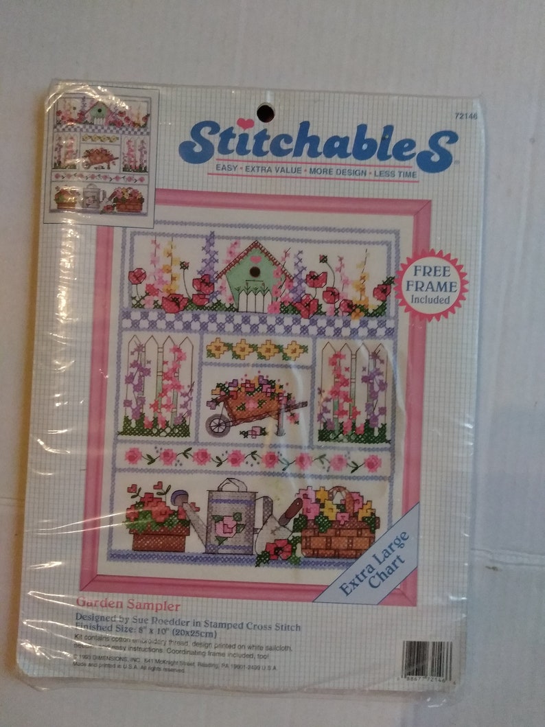 1993 GARDEN SAMPLER Counted Cross Stitch Kit 25 Count Linen 8 x 10/'