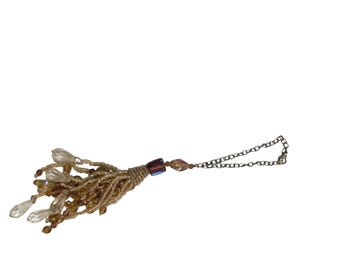 Gold Amber Beaded Tassel Bag Charm Keychain Boho Teardrop Accents 5 Inch